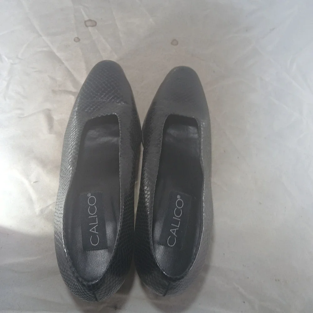 Calico Pumps 6.5M Black Snakeskin Embossed Leather Block Heel Office Classic